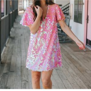 Buddy Love Taya pink sequin mini dress.   Taylor Swift, The eras tour outfit.